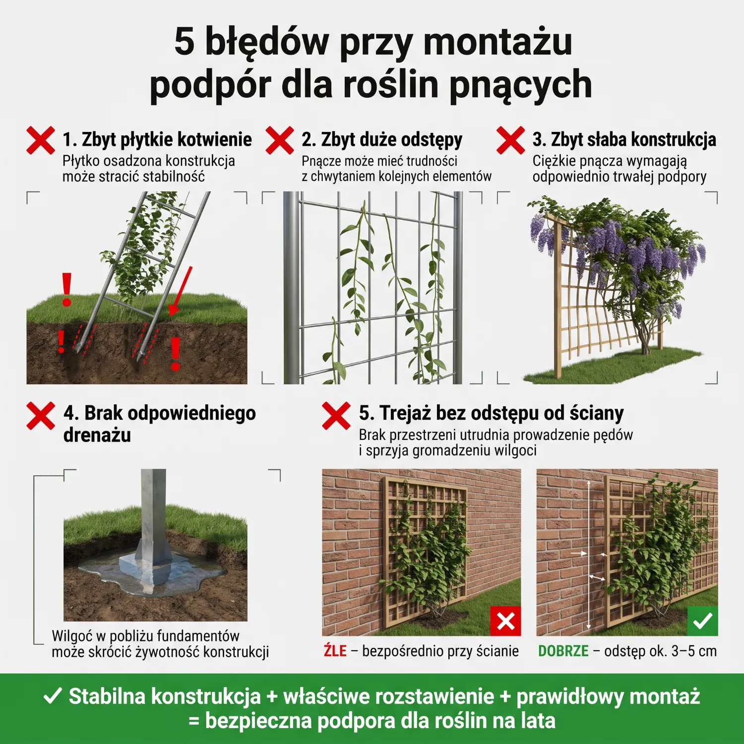 Grafika ilustrująca 5 błędów montażowych podpór dla roślin pnących, takich jak zbyt płytkie kotwienie, brak drenażu czy mocowanie trejaża bezpośrednio do ściany.